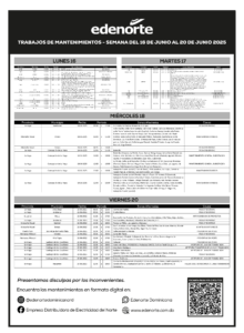 Mantenimientos programados del 16 al 20 de junio 2025