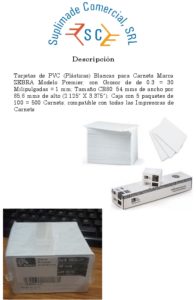 Icon of Descripción 
      Tarjetas  de  PVC  (Plásticas)  Blancas  para  Carnets  Marca 
      ZEBRA  Modelo  Premier;  con  Grosor  de  de  0.3  =  30