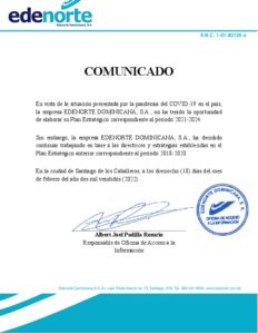 Icon of COMUNICADO 
           
          En vista de la situación presentada por la pandemia del COVID-19 en el país,