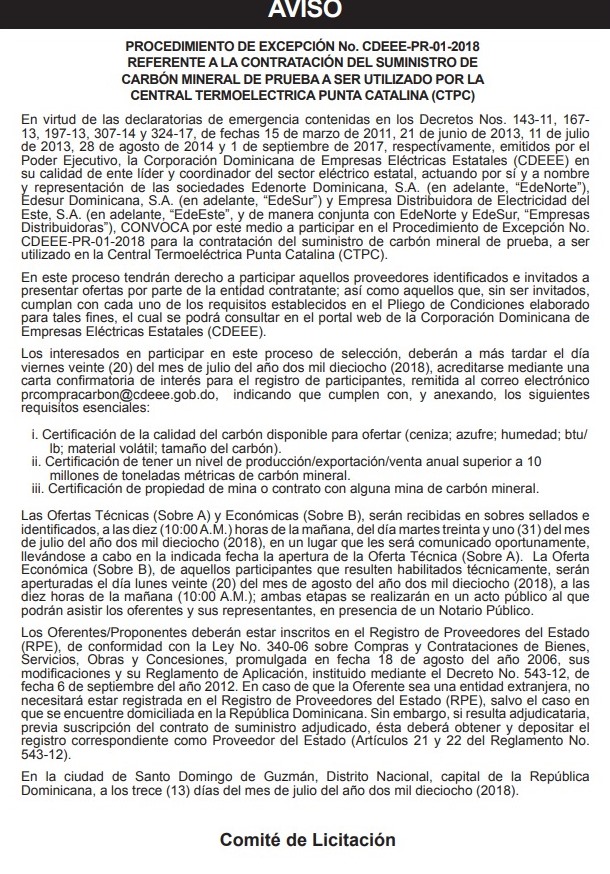 AVISO Procedimiento de Excepción no. CDEEE-PR-01-2018