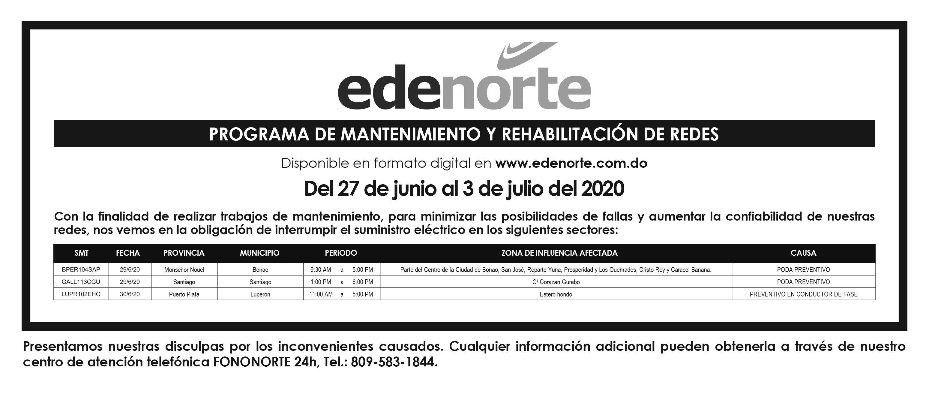 Programa de Mantenimiento de Redes EDENORTE, del 27 de junio al 3 de julio 2020