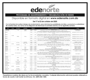 Mantenimiento de redes eléctrica de EDENORTE, del 17 al 23 de octubre 2020.