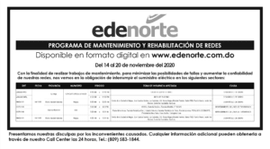 Mantenimiento de redes eléctrica de EDENORTE, del 14 al 20 de noviembre