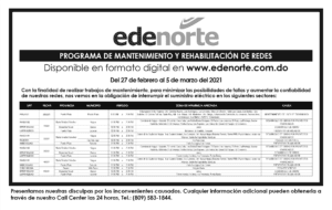 Programa de mantenimiento de redes Edenorte, del 27 de febrero al 5 de marzo 2021