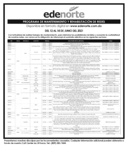 Programa de mantenimiento de redes Edenorte, del 12 al 18 de junio 2021